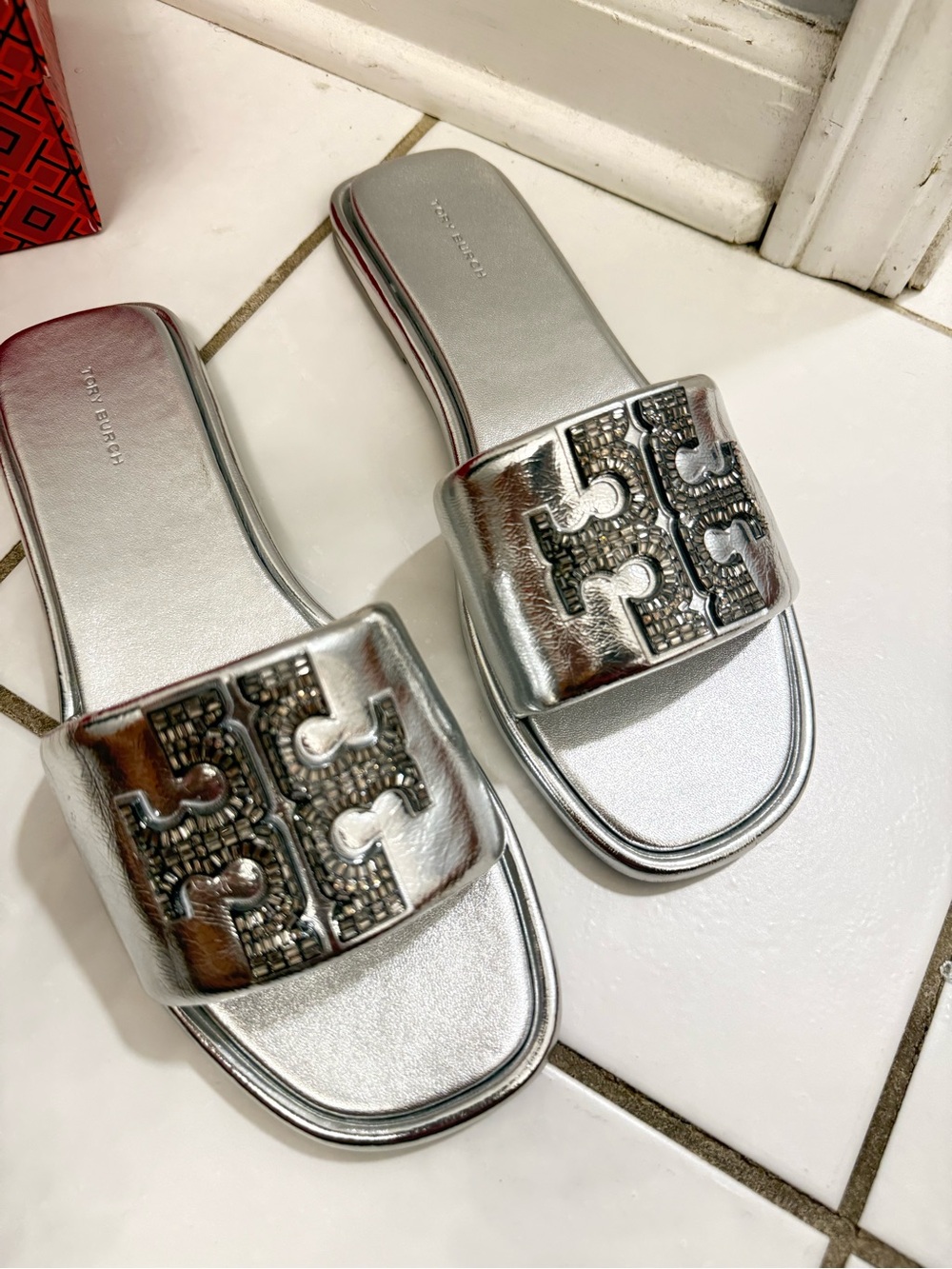 Tory Burch Metallic Silver Slide Sandals - Picture 4 of 6